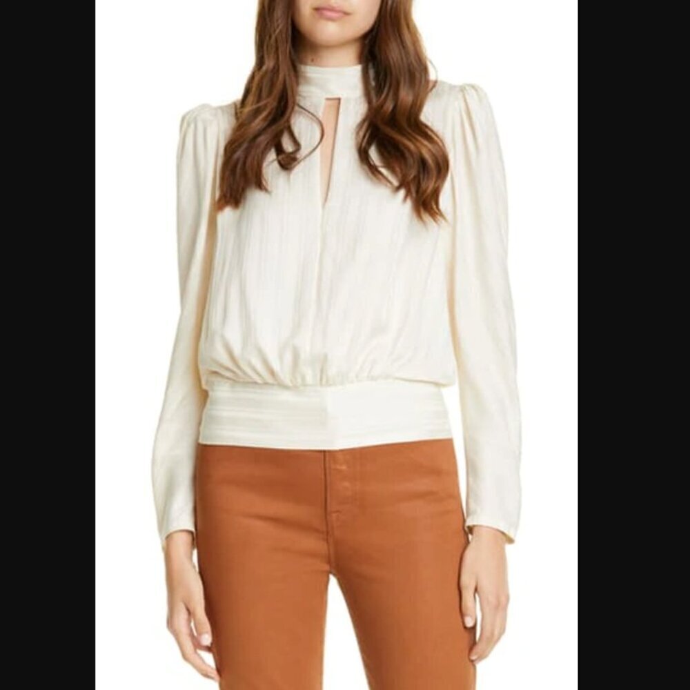 Frame Vanilla Off White Jacquard Stripe Keyhole Silk Long Sleeve Blouse L